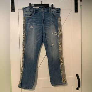 Pilcro and the letterpress animal print & camo tuxedo stripe bootcut jeans